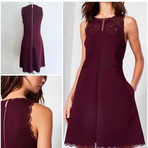 Ted Baker Embroidered Scallop Burgundy Laser Cut Dress Size 0 NWOT